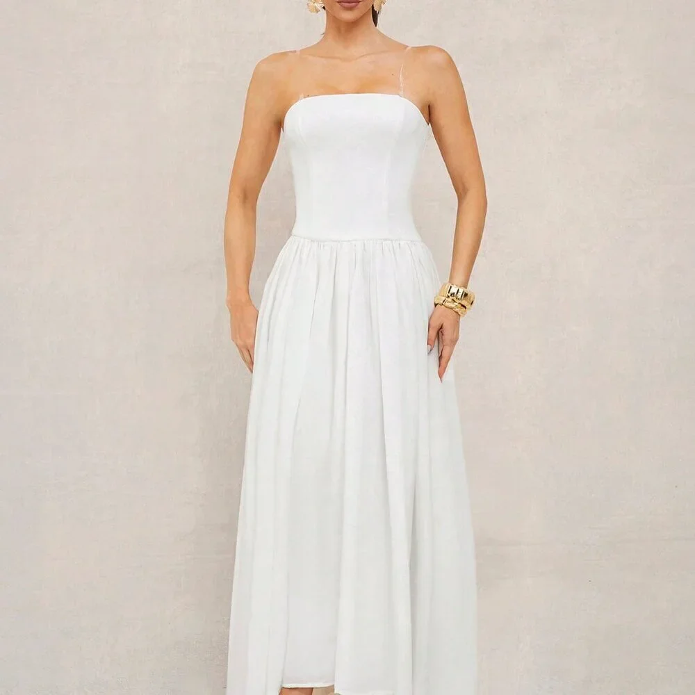 White Boho Women's Beach Vacation Long Dress With Bandeau Top - Picture 7 of 7